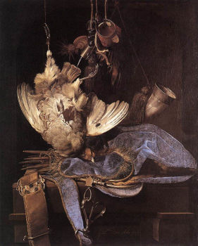 Still life with hunting equipment and dead birds.