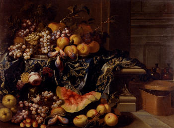 A Still Life Of A Melon, Watermelon, Peaches, Grapes, a Pomegranate, Cherries And Roses
